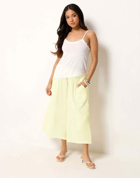 PixieGirl Petite cheesecloth cropped wide leg trousers in yellow