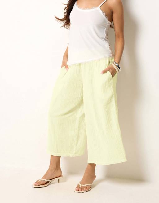 PixieGirl Petite cheesecloth cropped wide leg trousers in yellow, 4 of 4