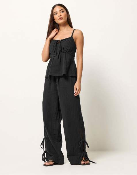 PixieGirl Petite cheesecloth wide leg trousers in black - view 1