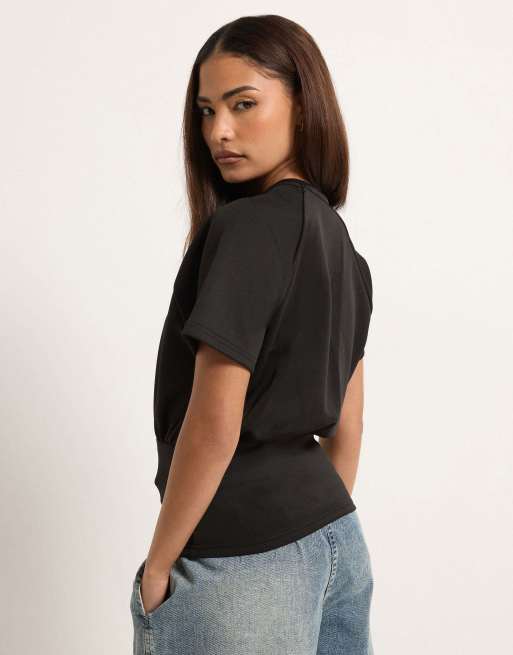PixieGirl Petite cinched waist top in black, 3 of 4
