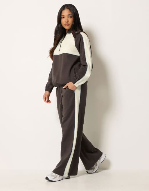 PixieGirl Petite colour block quarter zip sweatshirt in brown, 2 of 4