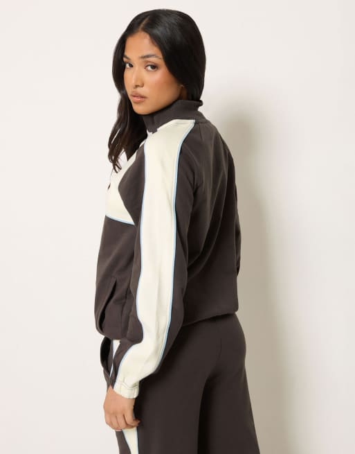 PixieGirl Petite colour block quarter zip sweatshirt in brown, 3 of 4