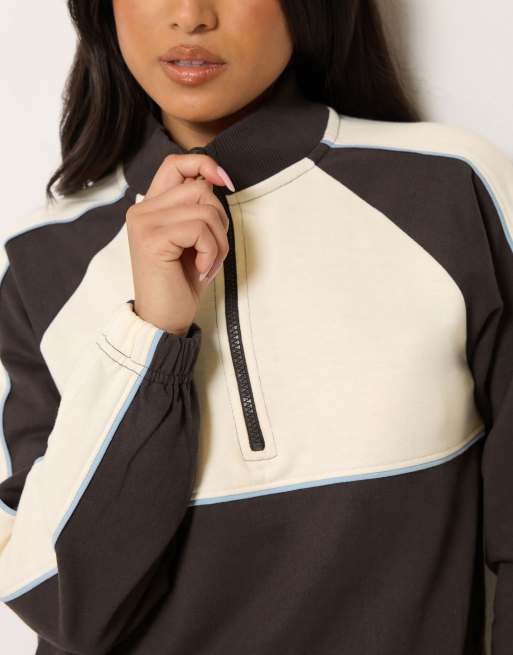 PixieGirl Petite colour block quarter zip sweatshirt in brown, 4 of 4