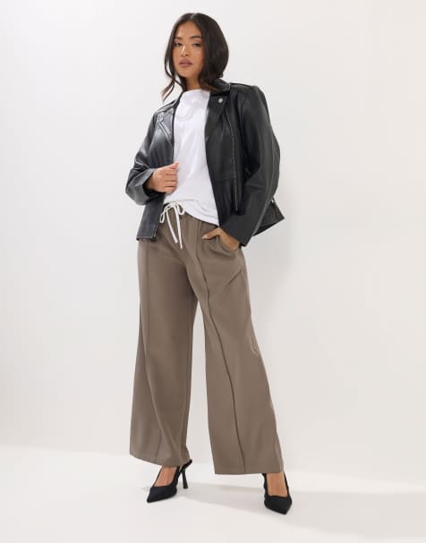 PixieGirl Petite contrast waist wide leg trousers in brown