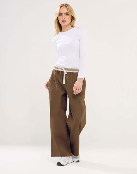 PixieGirl Petite contrast wide leg trousers in brown - view 1