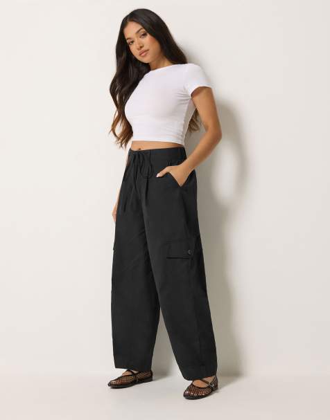 PixieGirl Petite cotton cargo barrel leg trousers in black - view 1