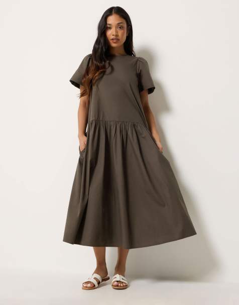 PixieGirl Petite cotton poplin midi dress in brown - view 1