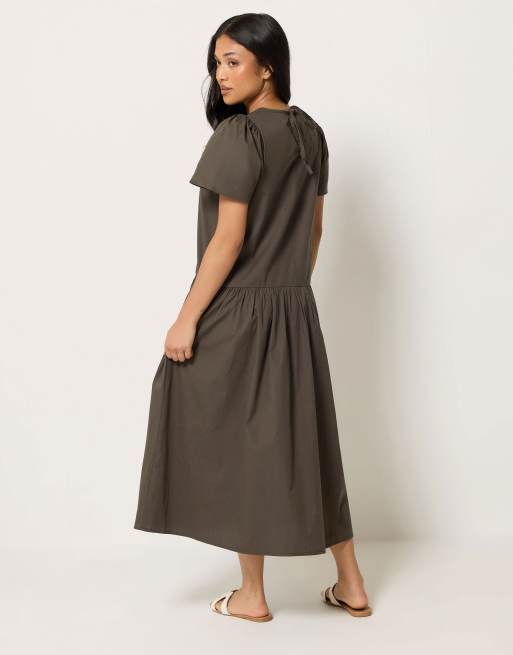 PixieGirl Petite cotton poplin midi dress in brown, 3 of 4