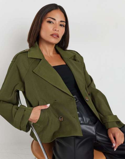 PixieGirl Petite cropped trench coat in green - view 1