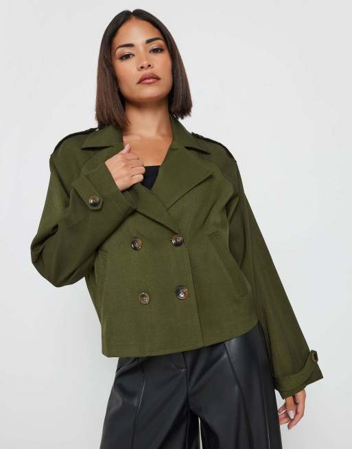 PixieGirl Petite cropped trench coat in green, 2 of 4