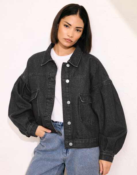 PixieGirl Petite denim balloon sleeve jacket in black