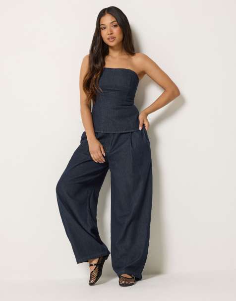 PixieGirl Petite denim bandeau top & wide leg trousers set in blue - view 1