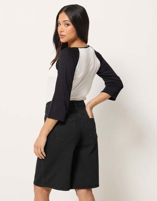 PixieGirl Petite denim jorts in black, 3 of 4