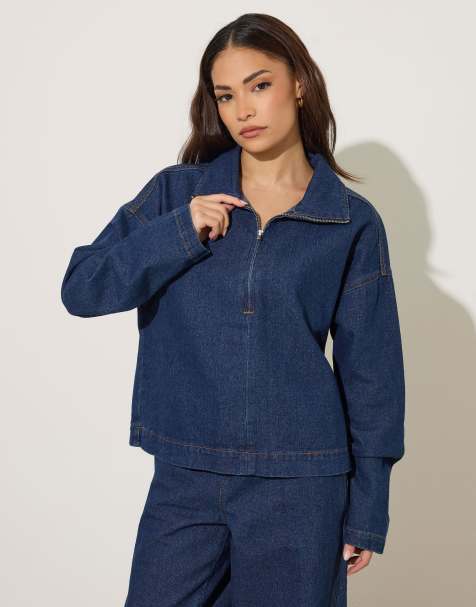 PixieGirl Petite denim quarter zip top in blue