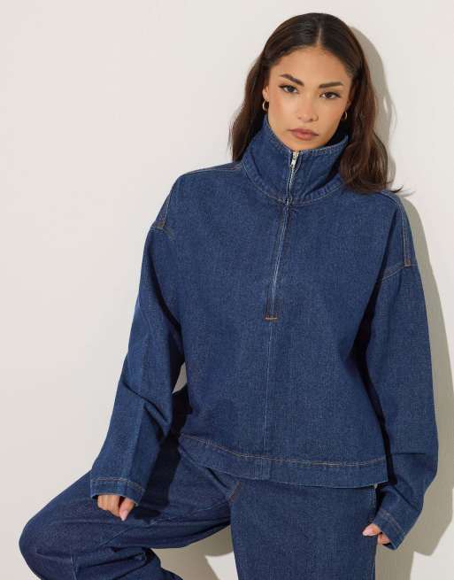 PixieGirl Petite denim quarter zip top in blue, 2 of 4