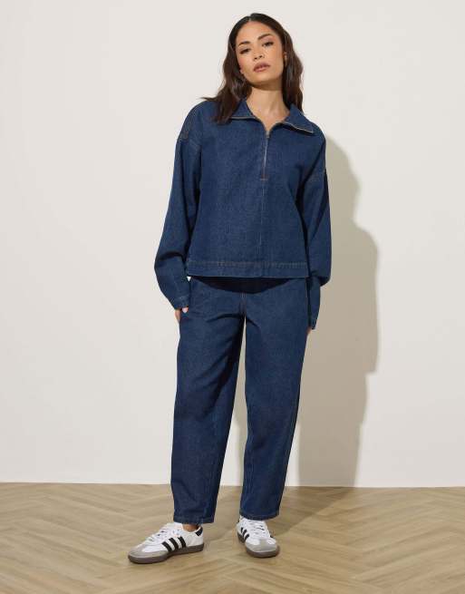 PixieGirl Petite denim quarter zip top in blue, 3 of 4