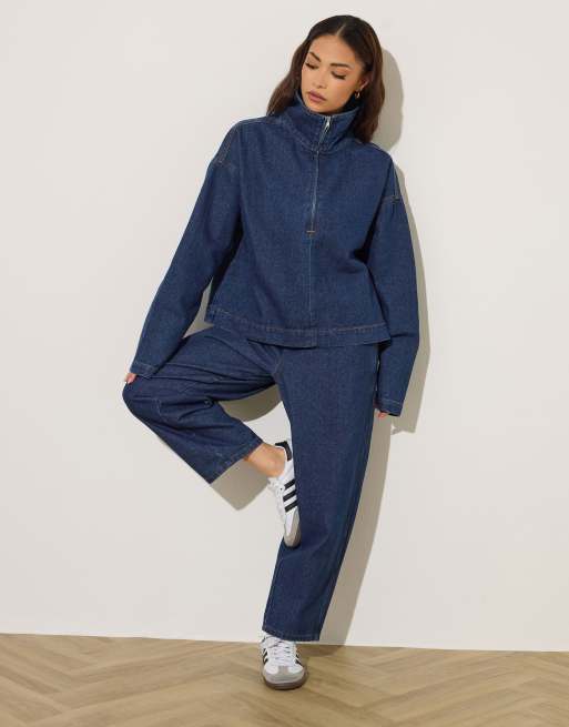 PixieGirl Petite denim quarter zip top in blue, 4 of 4