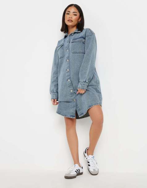 PixieGirl Petite denim shirt mini dress in blue
