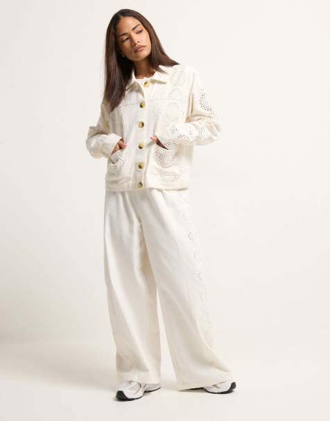 PixieGirl Petite embroidered wide leg trousers in white - view 1
