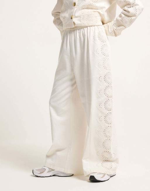 PixieGirl Petite embroidered wide leg trousers in white, 3 of 4