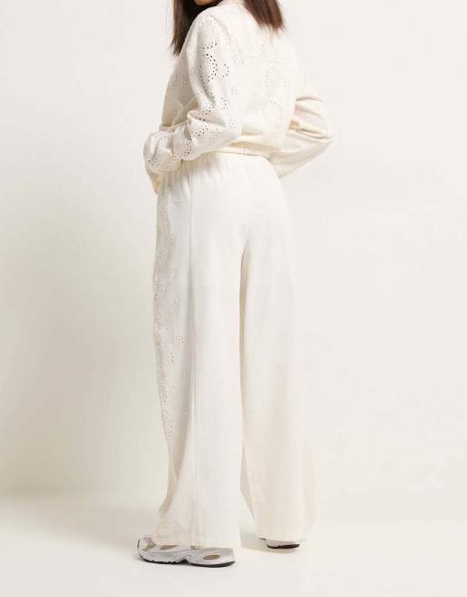 PixieGirl Petite embroidered wide leg trousers in white, 4 of 4