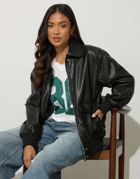 PixieGirl Petite faux leather trucker jacket in black - view 1