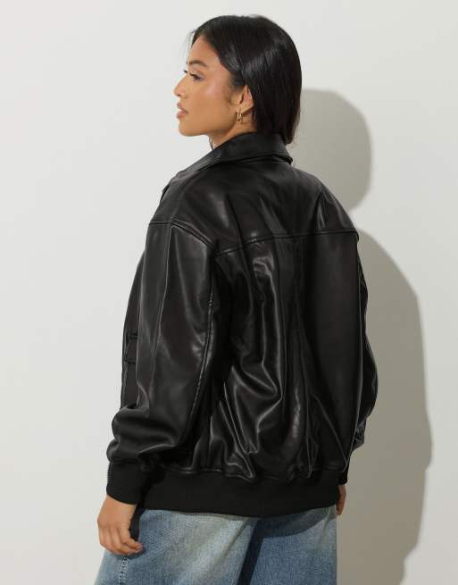 PixieGirl Petite faux leather trucker jacket in black, 3 of 4