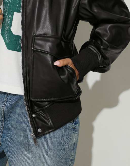 PixieGirl Petite faux leather trucker jacket in black, 4 of 4