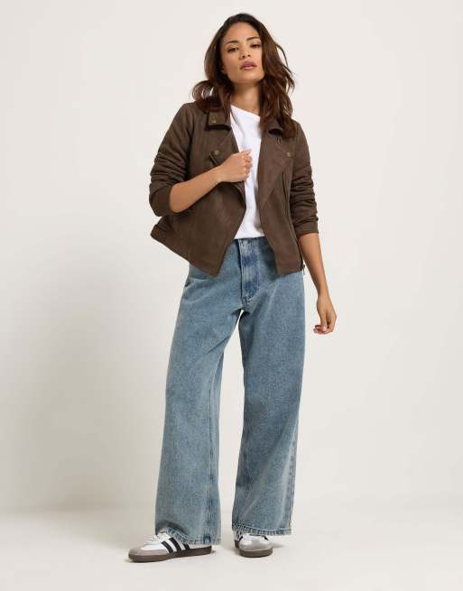 PixieGirl Petite faux suede biker jacket in brown, 2 of 4