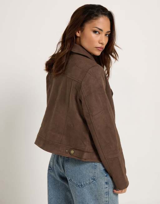 PixieGirl Petite faux suede biker jacket in brown, 3 of 4