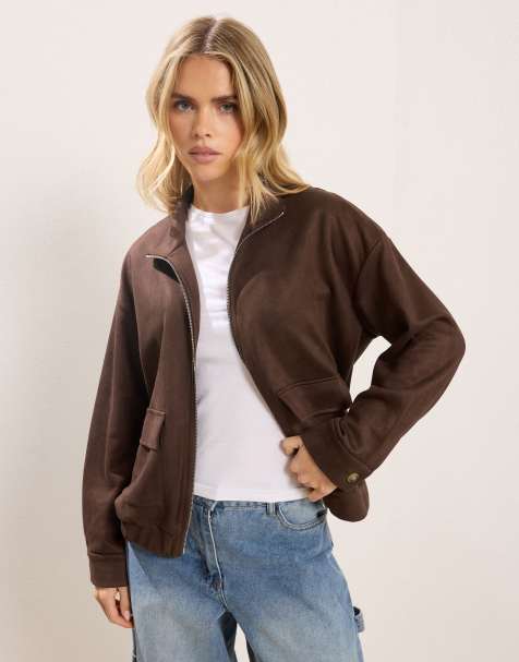 PixieGirl Petite faux suede bomber jacket in brown - view 1