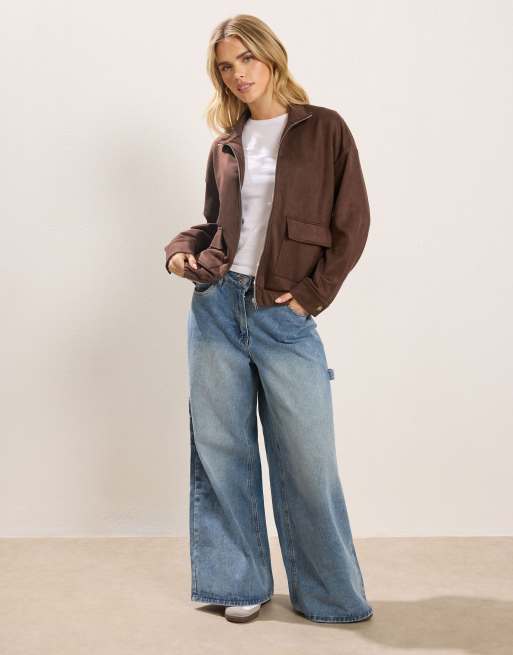 PixieGirl Petite faux suede bomber jacket in brown, 2 of 4