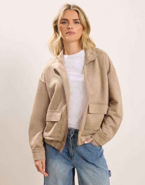 PixieGirl Petite faux suede bomber jacket in natural - view 1