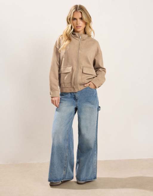 PixieGirl Petite faux suede bomber jacket in natural, 2 of 4