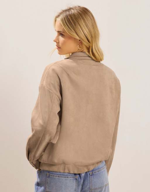 PixieGirl Petite faux suede bomber jacket in natural, 3 of 4