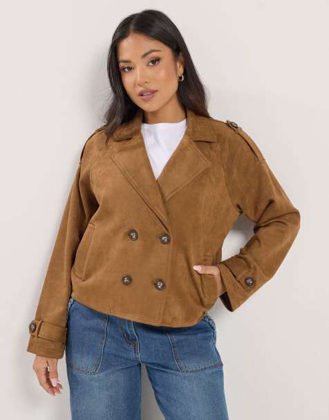 PixieGirl Petite faux suede cropped trench coat in brown