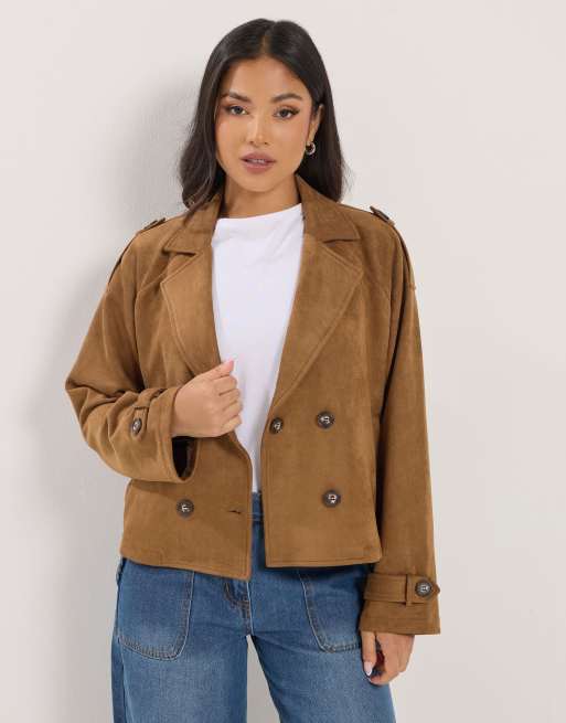 PixieGirl Petite faux suede cropped trench coat in brown, 2 of 4
