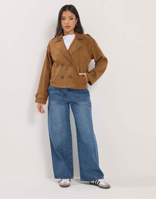 PixieGirl Petite faux suede cropped trench coat in brown, 3 of 4