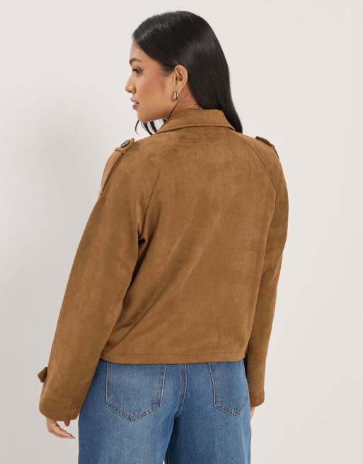 PixieGirl Petite faux suede cropped trench coat in brown, 4 of 4