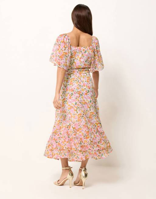 PixieGirl Petite floral chiffon maxi dress in pink, 3 of 4