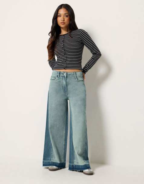 PixieGirl Petite frayed wide leg jeans in blue - view 1
