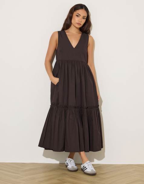 PixieGirl Petite frill tiered maxi dress in brown
