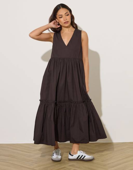 PixieGirl Petite frill tiered maxi dress in brown, 2 of 4