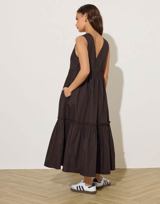 PixieGirl Petite frill tiered maxi dress in brown, 3 of 4