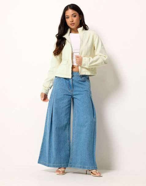 PixieGirl Petite funnel neck denim jacket in yellow - view 1