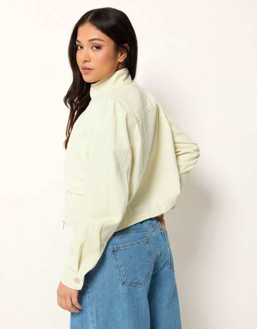 PixieGirl Petite funnel neck denim jacket in yellow, 2 of 4