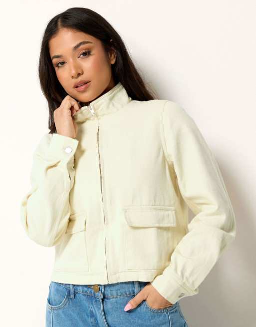 PixieGirl Petite funnel neck denim jacket in yellow, 4 of 4