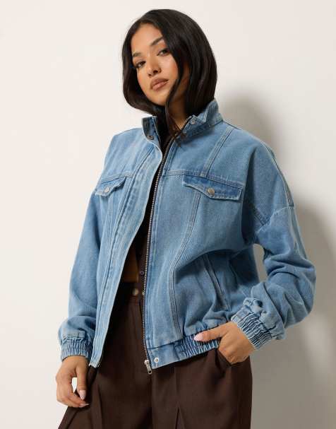 PixieGirl Petite funnel neck denim trucker jacket in blue - view 1