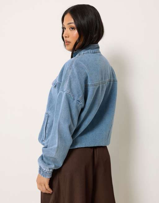PixieGirl Petite funnel neck denim trucker jacket in blue, 4 of 5