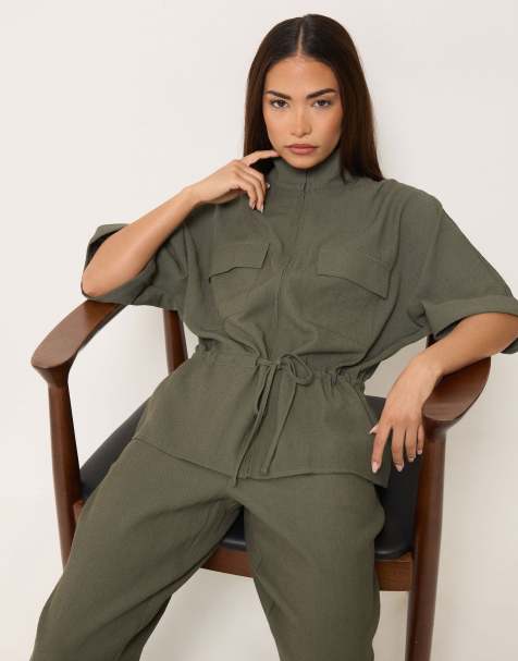 PixieGirl Petite funnel neck shacket in green - view 1